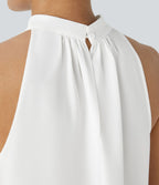 Blouse Travail Sans Manches Ourlet Courbé Col Haut Découpe au Dos Plis
