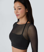 Haut de sport yoga crop top 2-en-1 avec col licou, dos nu, manches longues, passe-pouces et mesh contrastant