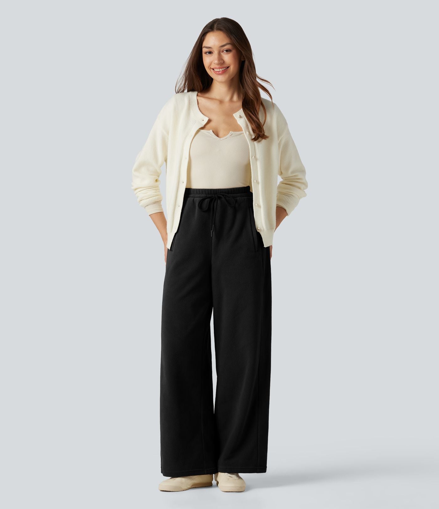 Pantalon large décontracté en polaire taille haute avec cordon de serrage et poches