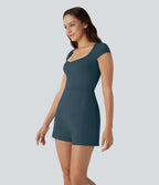Combinaison de yoga Softlyzero™ Airy avec col U, manches courtes et poches latérales - Édition Easy Peasy