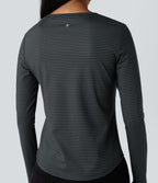 Top de sport yoga rayé ourlet arrondi col rond manches longues