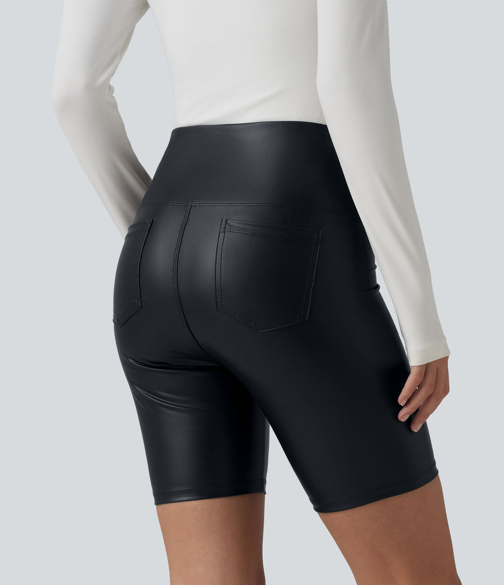 Short de cycliste casual en PU stretch gainant taille haute 17,5 cm avec poches
