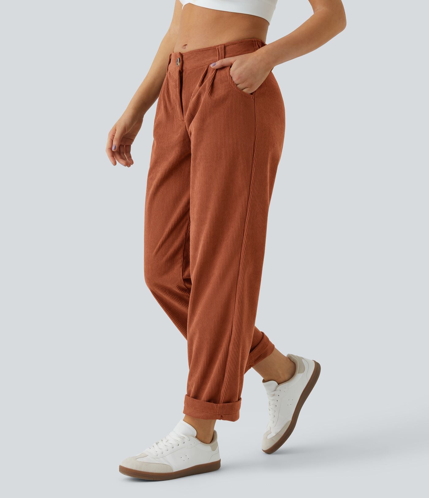 Pantalon en velours côtelé décontracté taille moyenne avec poches latérales