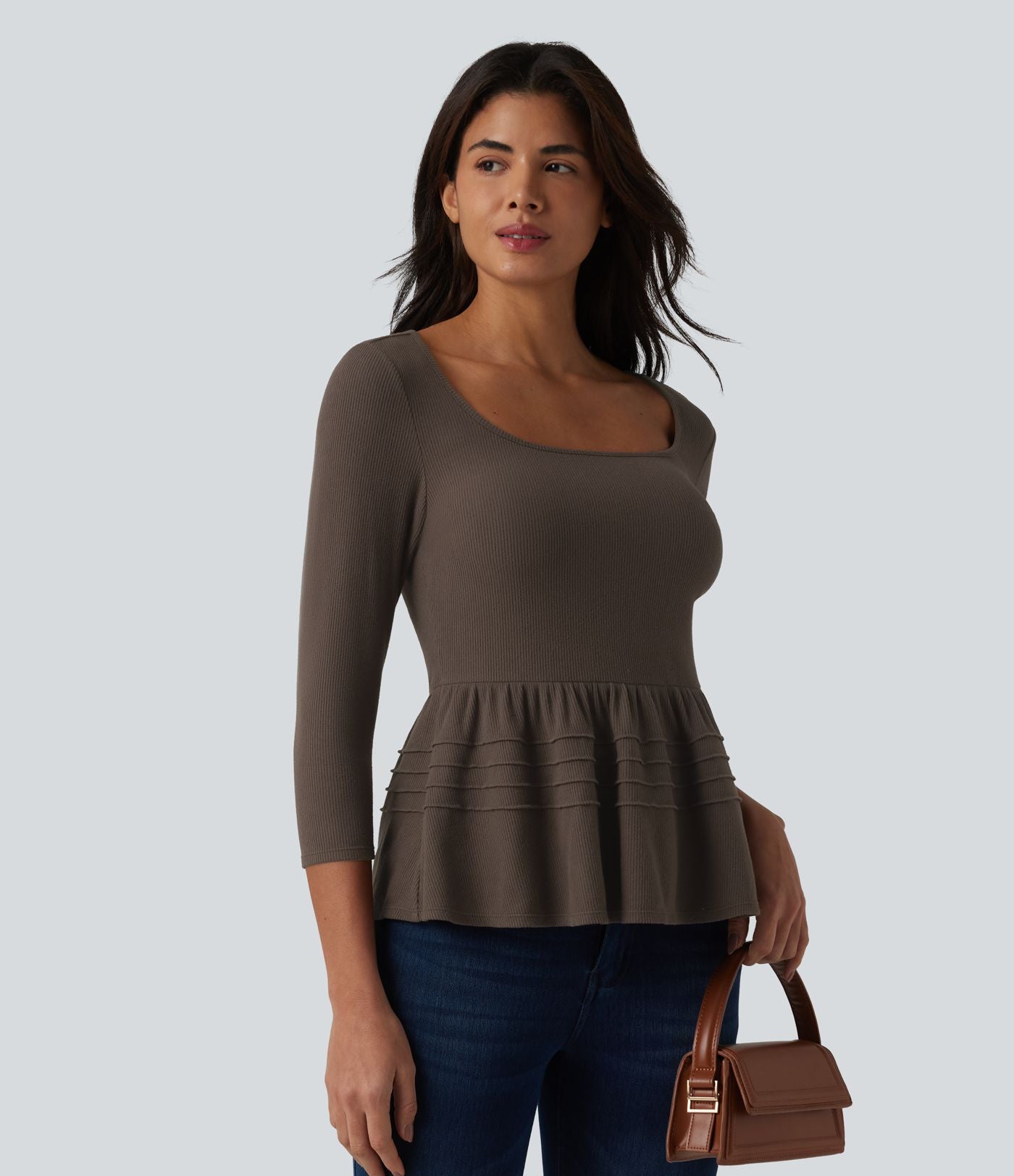 Haut babydoll décontracté en maille côtelée col en U manches 3/4