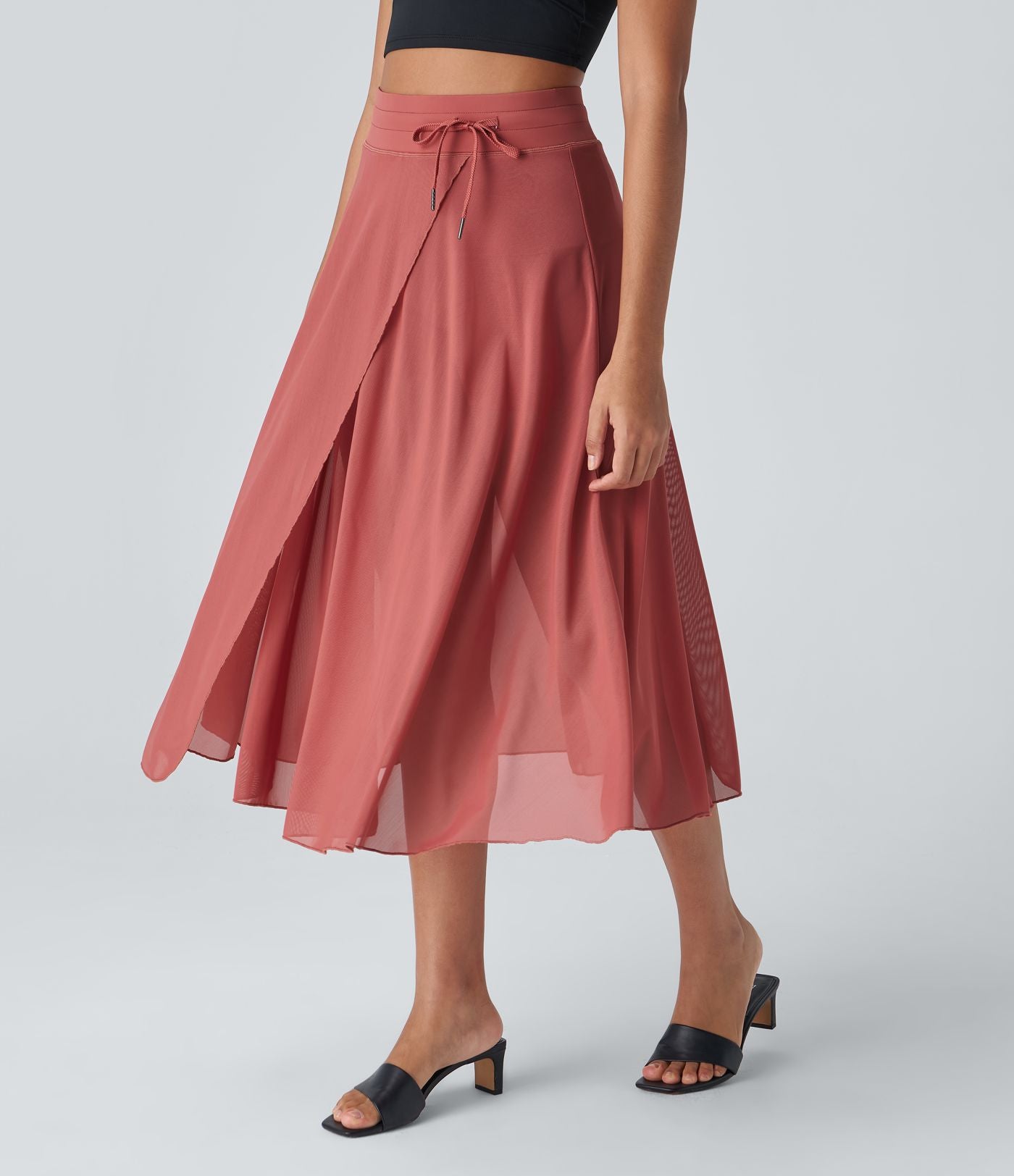 Jupe Casual Évasée Mesh Mi-Longue Fuide 2 en 1 Contrastée Taille Haute Cordon Poche Latérale