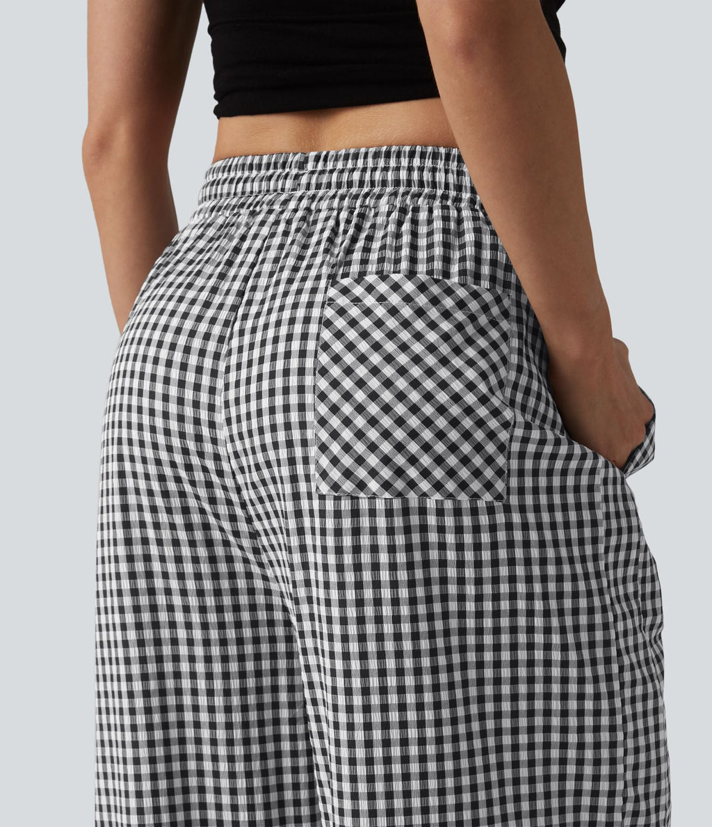 Pantalon ample décontracté à carreaux vichy, taille mi-haute, cordon de serrage et poches