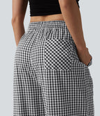 Pantalon ample décontracté à carreaux vichy, taille mi-haute, cordon de serrage et poches