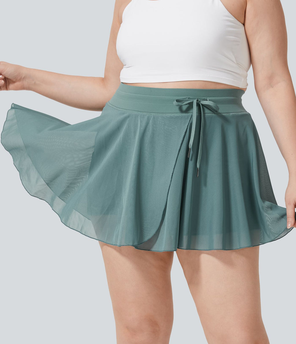 Taille haute Cordon Contraste Maille 2-en-1 Poche Latérale Fluide Mini Flare Décontracté Grande Taille Jupe