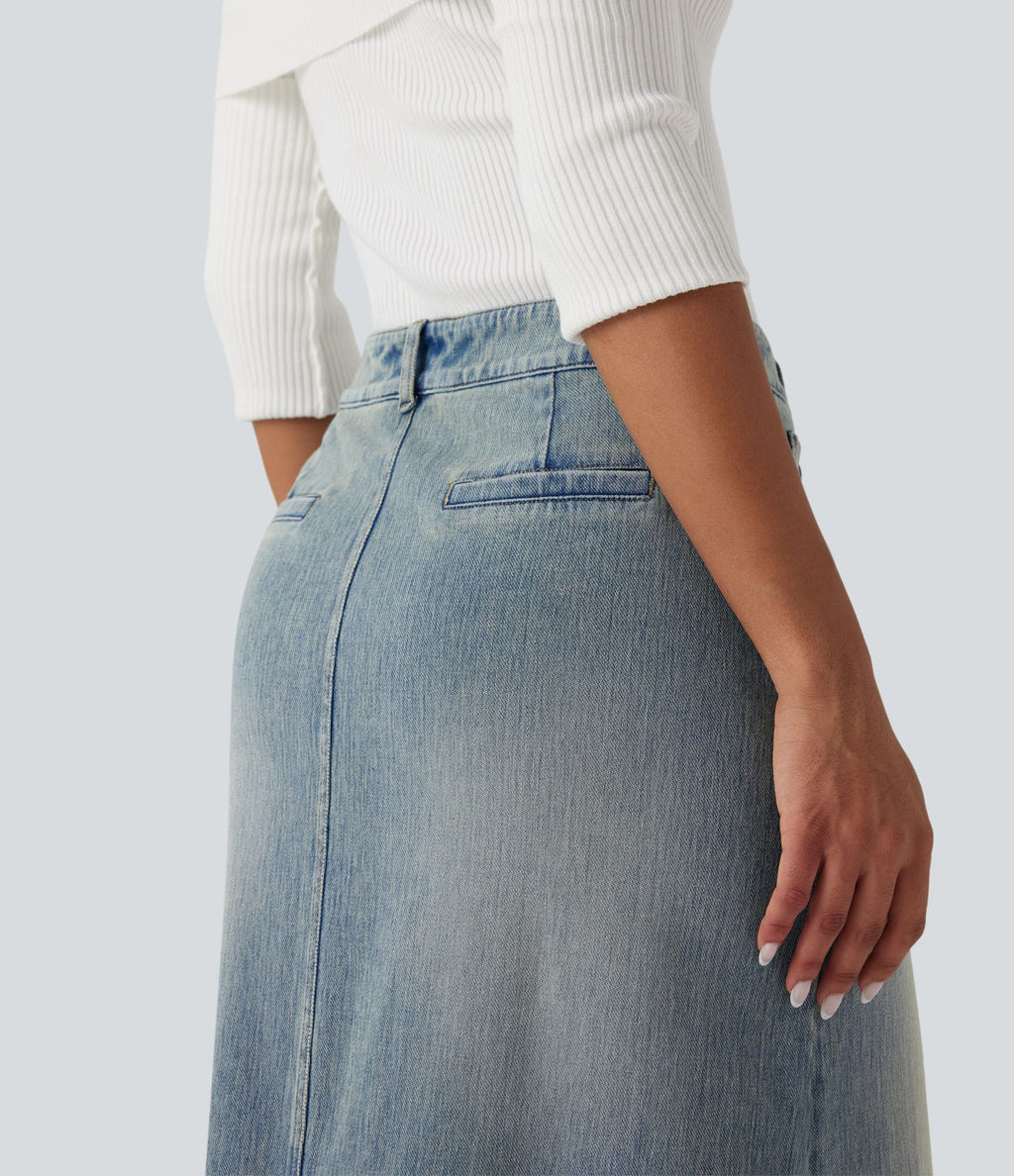Jupe denim mi-longue Halara Flex™ évasée taille mi-haute mesh léopard contrastant avec poches