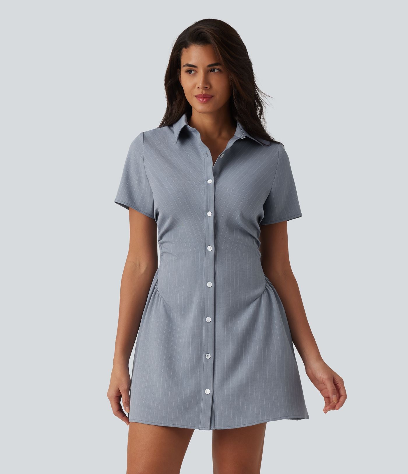 Robe chemise courte casual col manches courtes avec fronces et taille cintrée à rayures
