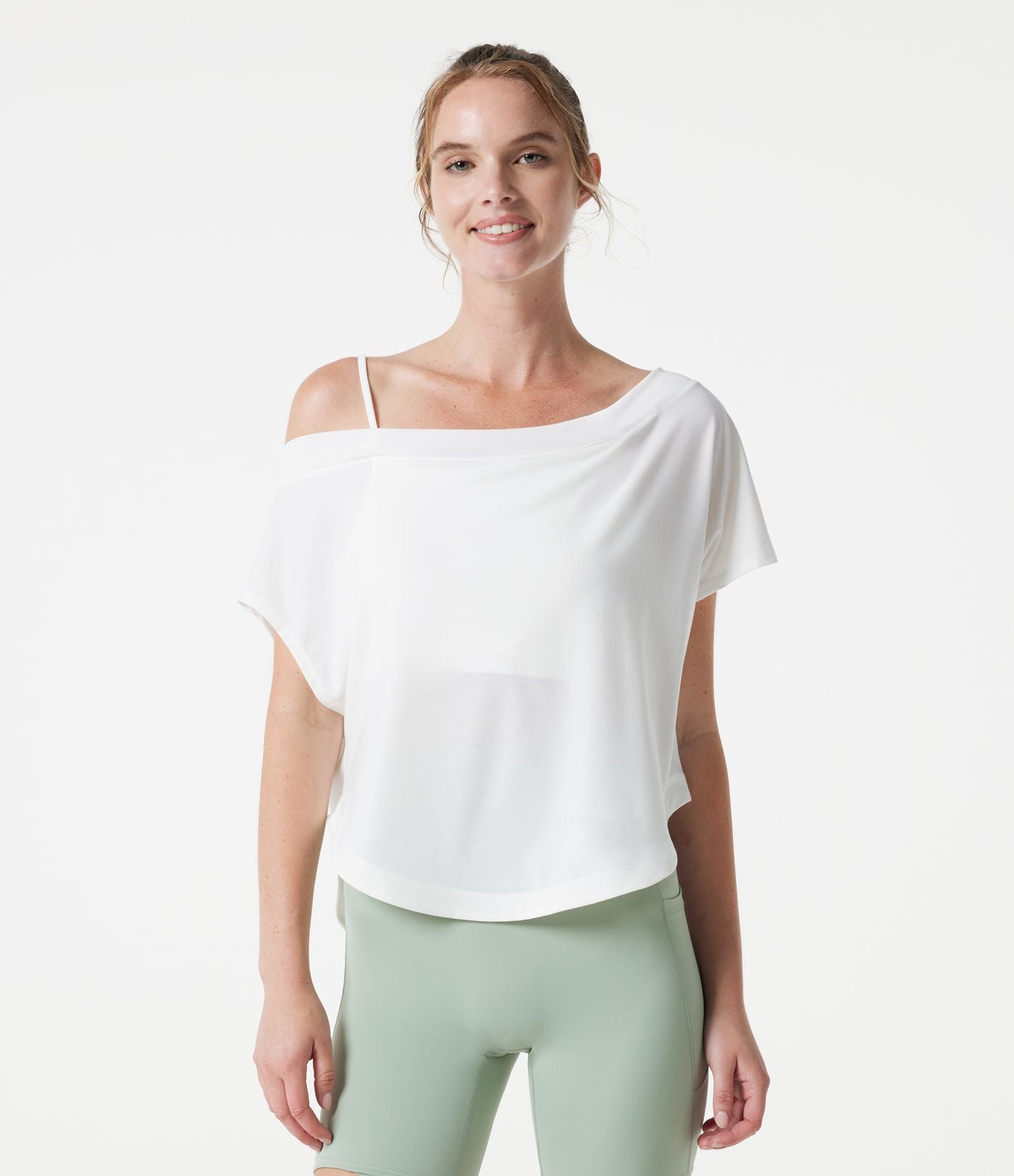 Haut de yoga à une épaule, manches courtes, ourlet arrondi haut-bas, brassière intégrée, séchage rapide