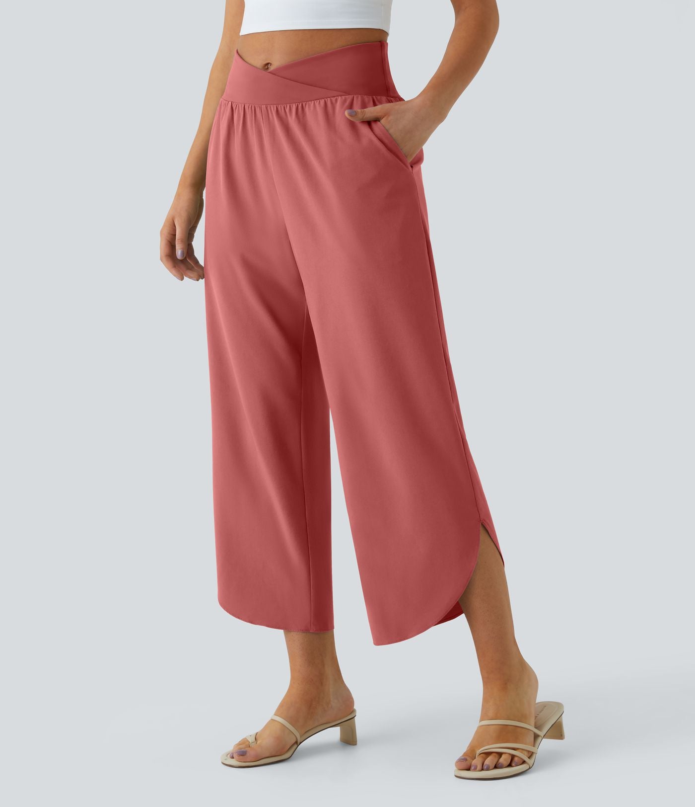 Breezeful™ Pantalon Fluide Vacances Séchage Rapide Taille Haute Croisée Poches Latérales Plissées Fente