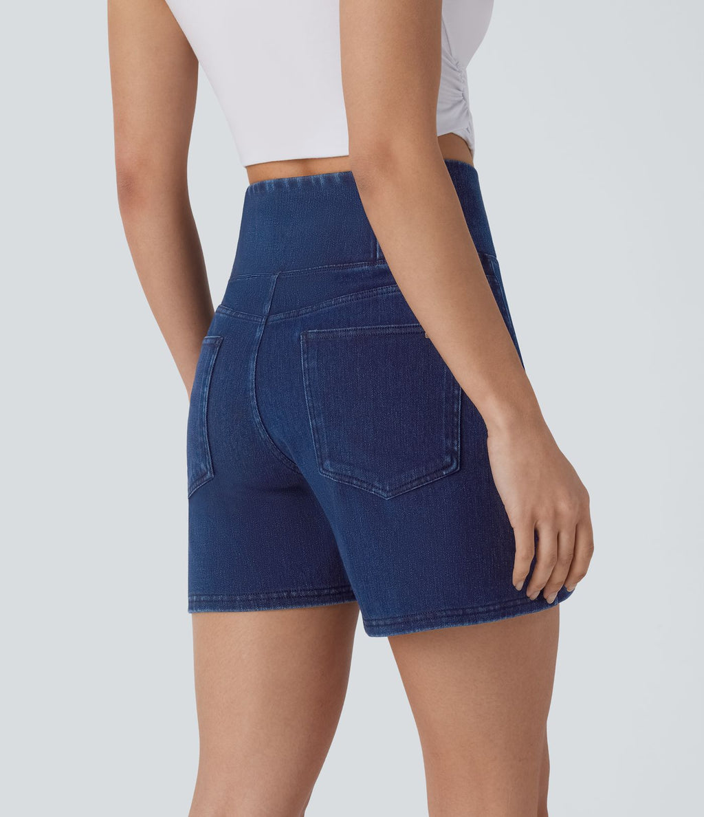 Halara Flex™ Short décontracté évasé à jambe large en denim extensible délavé taille haute croisée avec poches multiples