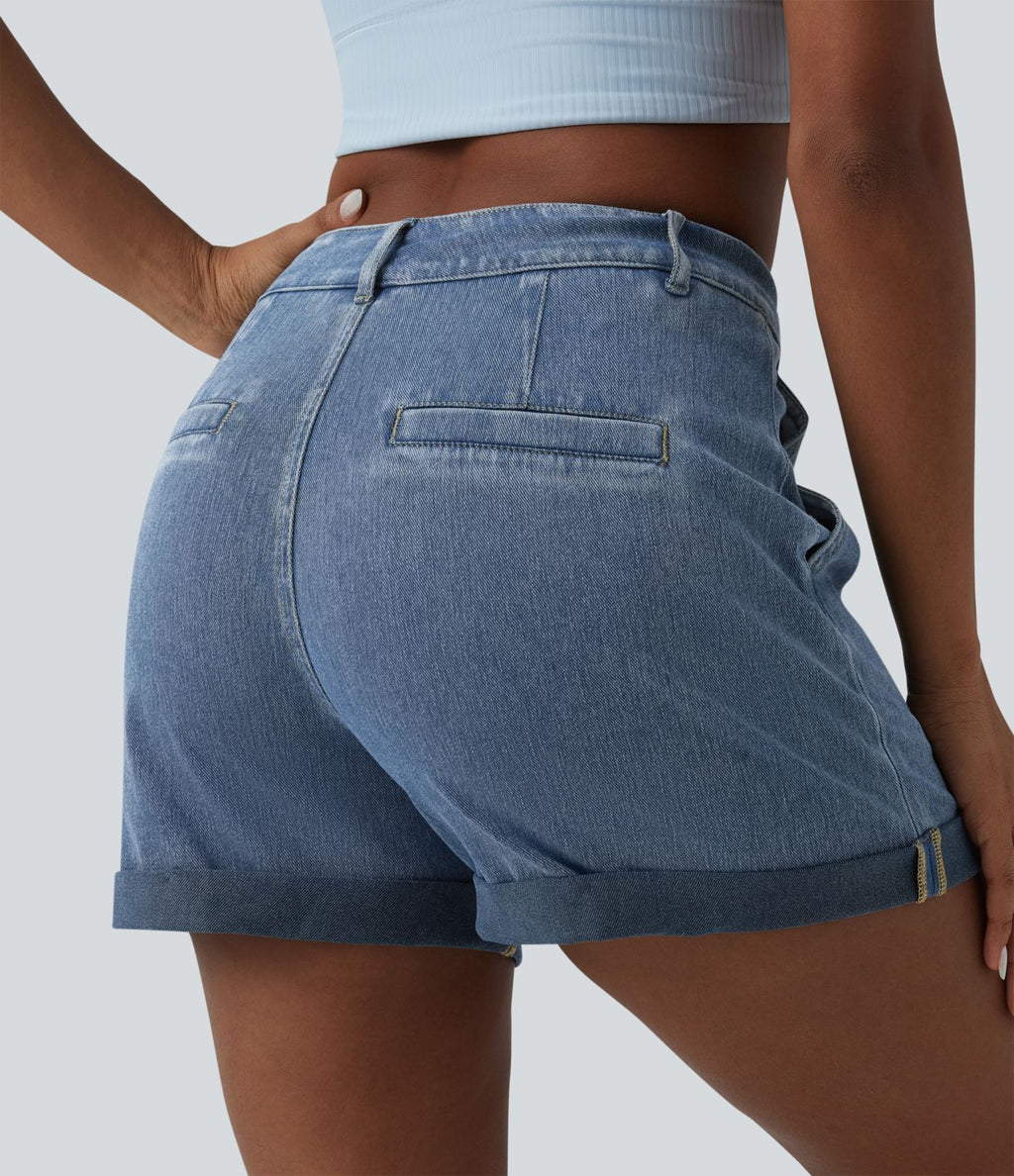 Halara Flex™ Short casual en denim taille mi-haute à ourlet retroussé avec poches