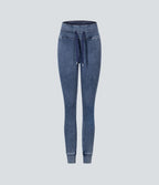 Halara Flex™ Jean Casual Taille Haute avec Cordon de Serrage et Poches Latérales en Tricot Extensible Lavé