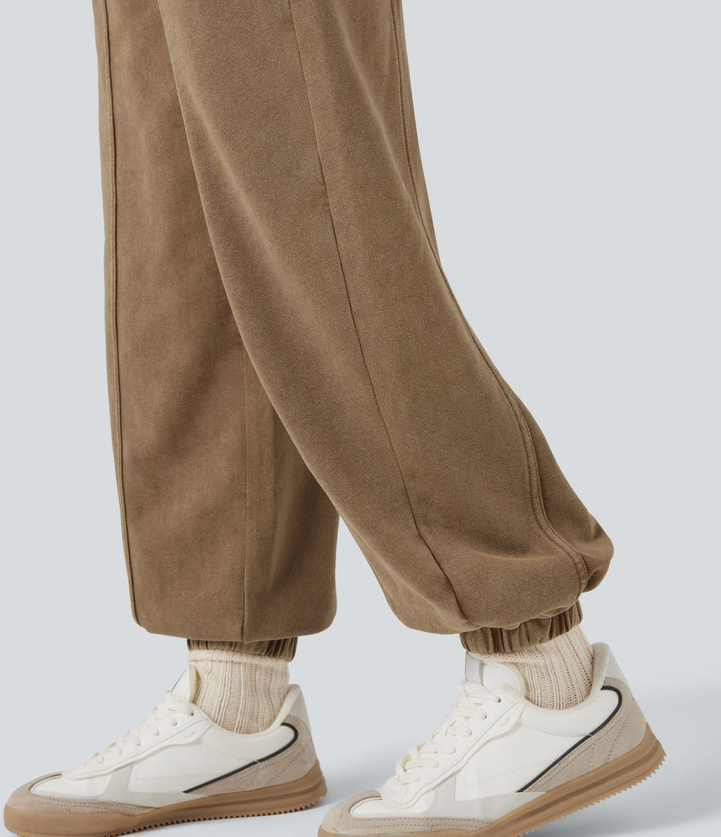 Pantalon jogging coton molleton français délavé taille mi-haute avec poches