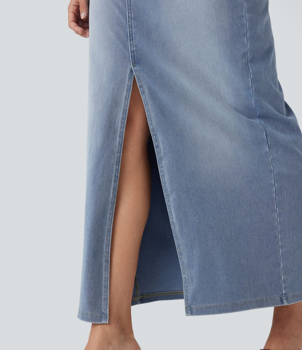 Halara Flex™ Jupe en Jean longue décontractée extensible délavé taille moyenne avec fente et multiples poches