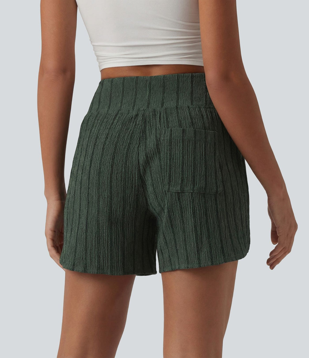 Short casual taille haute ourlet arrondi rayures avec poches