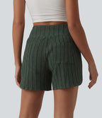 Short casual taille haute ourlet arrondi rayures avec poches