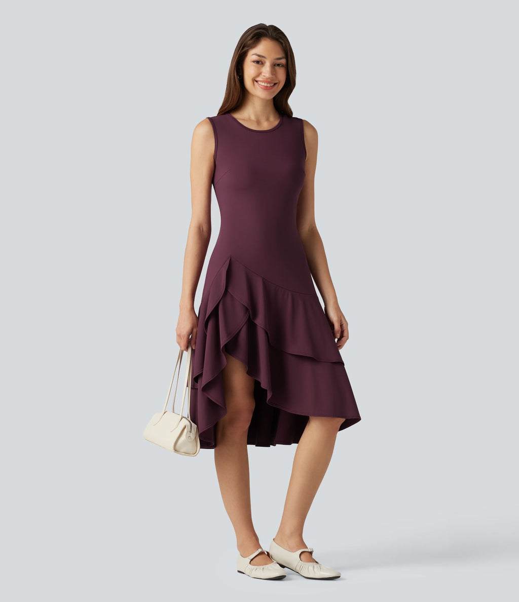 Robe midi décontractée SoftlyZero™ Airy col rond, sans manches, ourlet à volants étagés, à effet frais InstantCool