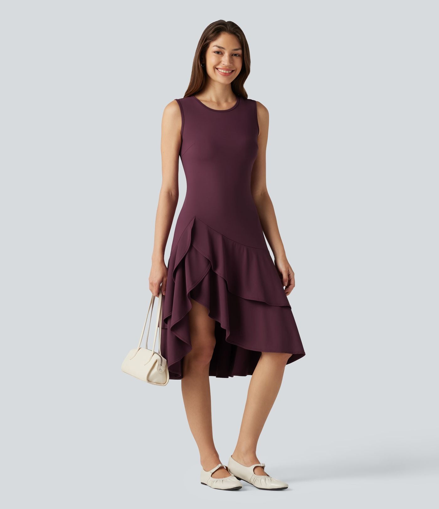 Robe midi décontractée SoftlyZero™ Airy col rond, sans manches, ourlet à volants étagés, à effet frais InstantCool