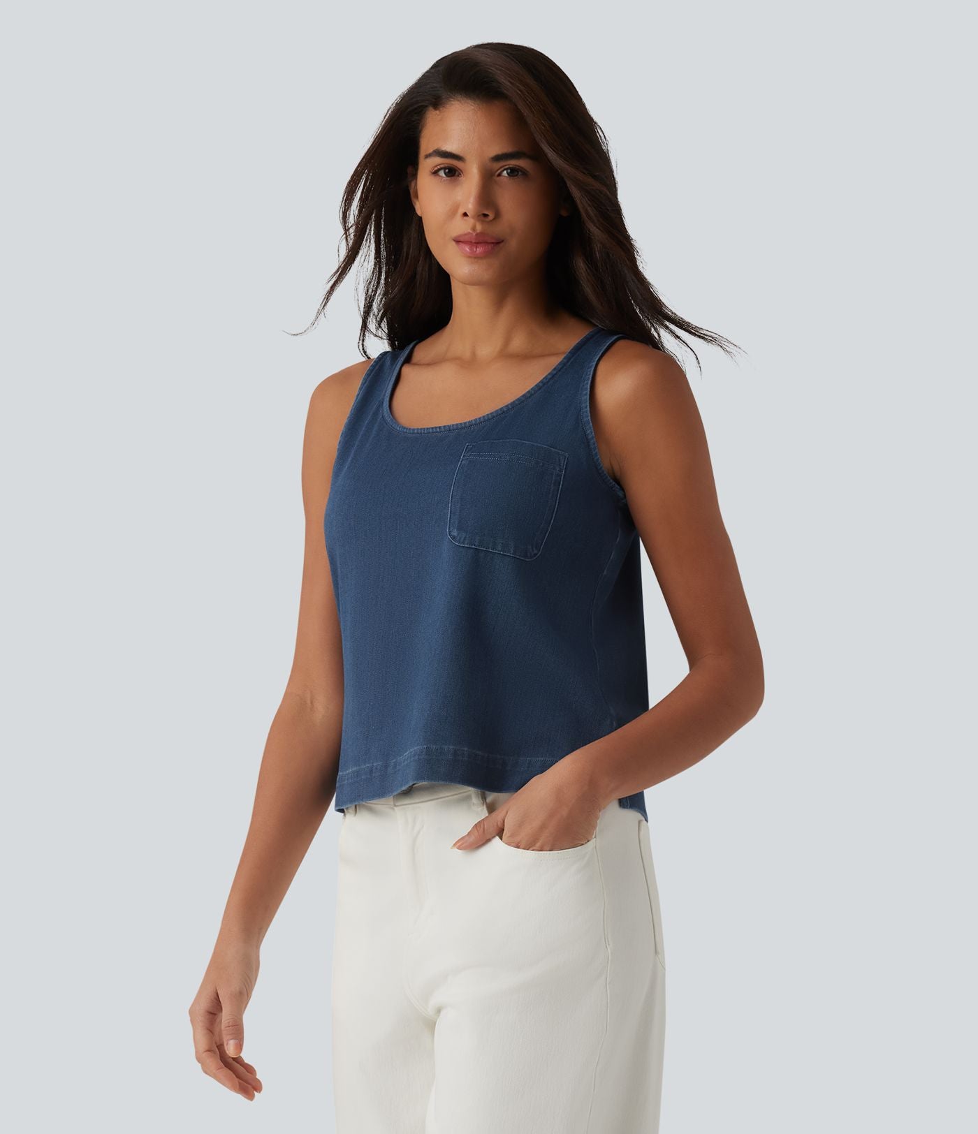 Débardeur décontracté en denim à col rond Halara Flex™ avec poche