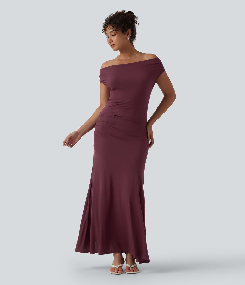 Robe décontractée maxi sans manches col drapé maille côtelée