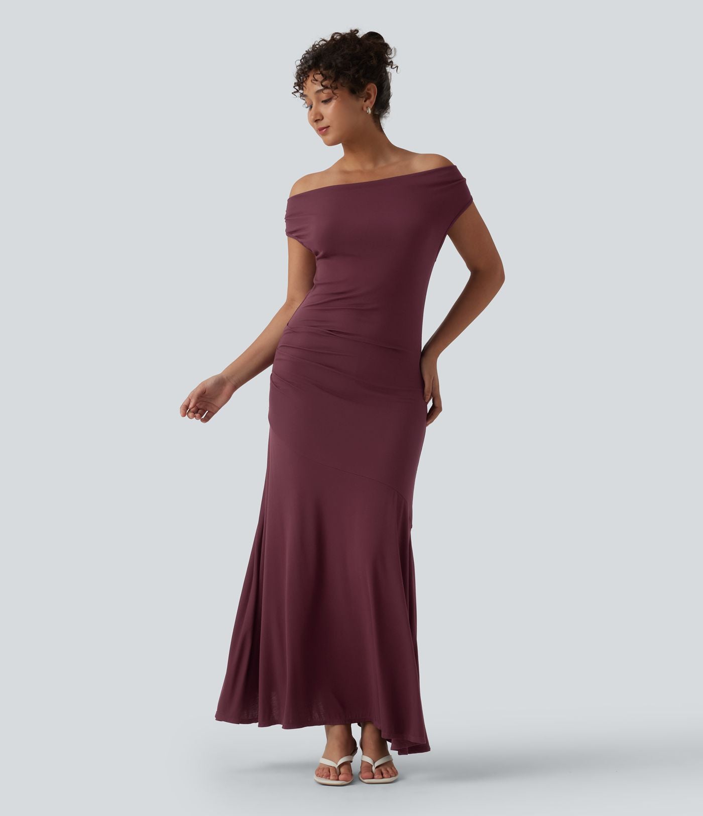 Robe décontractée maxi sans manches col drapé maille côtelée