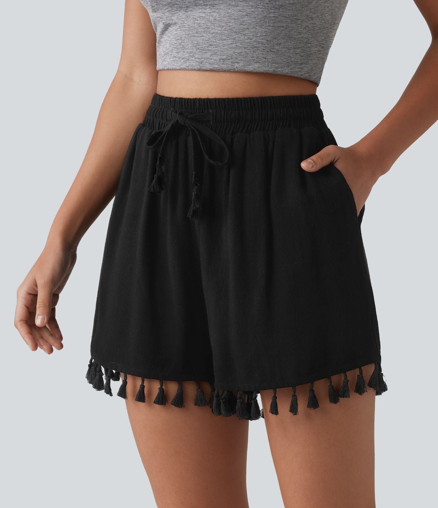 Short ample de vacances en mélange de lin taille haute avec cordon de serrage et ourlet à franges à poches