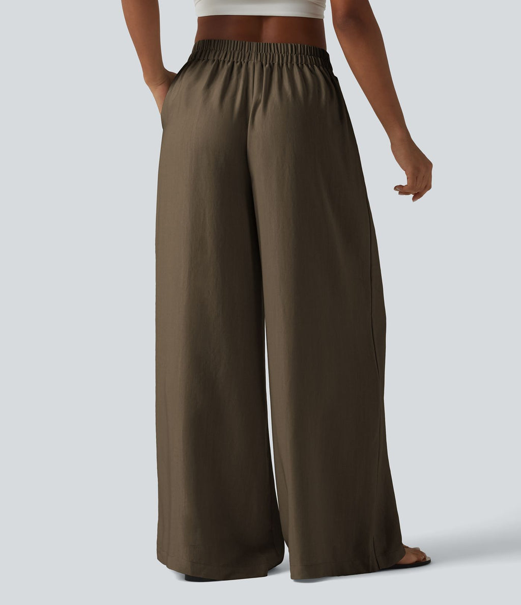 Pantalon large fluide taille haute en lin mélangé avec poches et liens latéraux