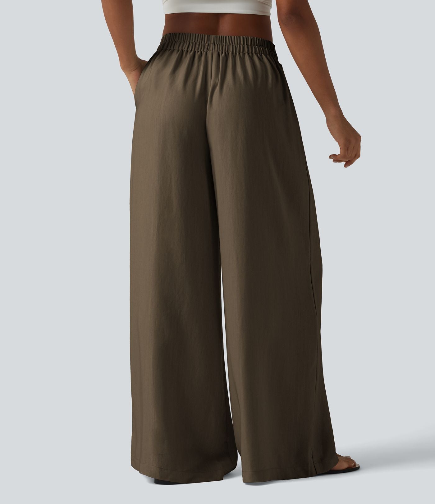 Pantalon large fluide taille haute en lin mélangé avec poches et liens latéraux