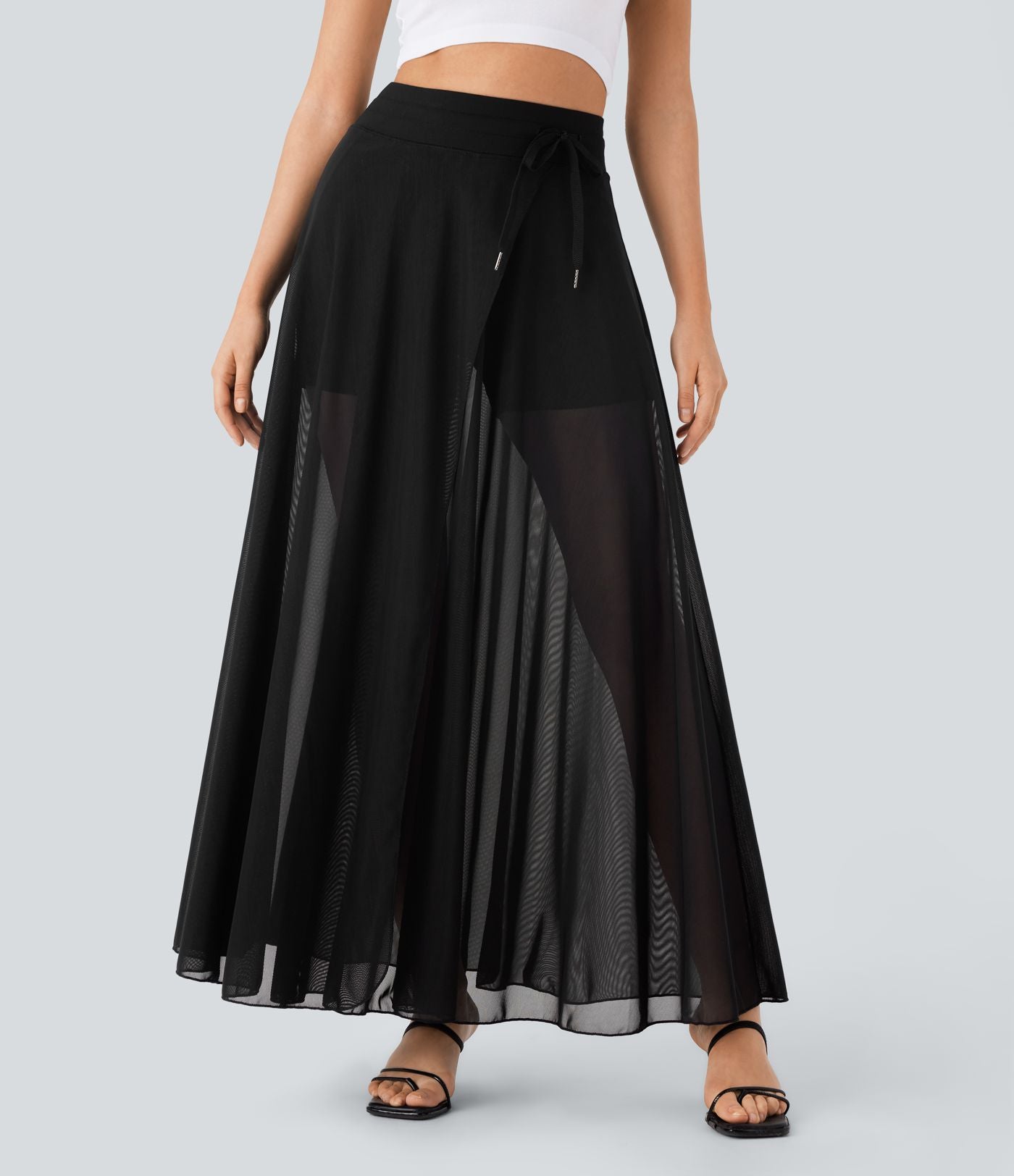 Jupe longue fluide 2-en-1 taille haute avec empiècements en résille