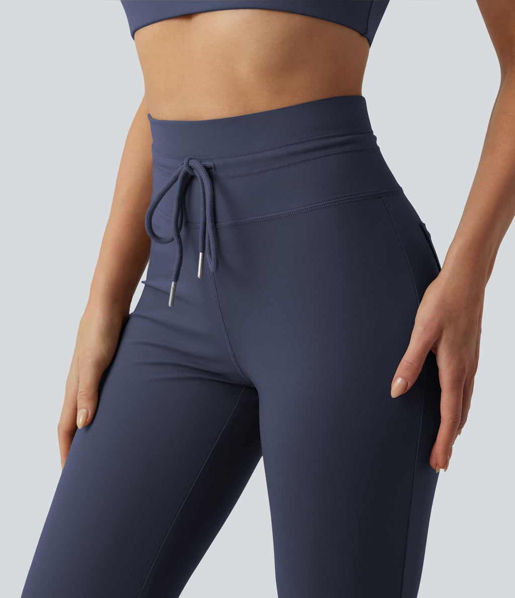 Pantalon de yoga évasé taille haute avec cordon de serrage uni et poches