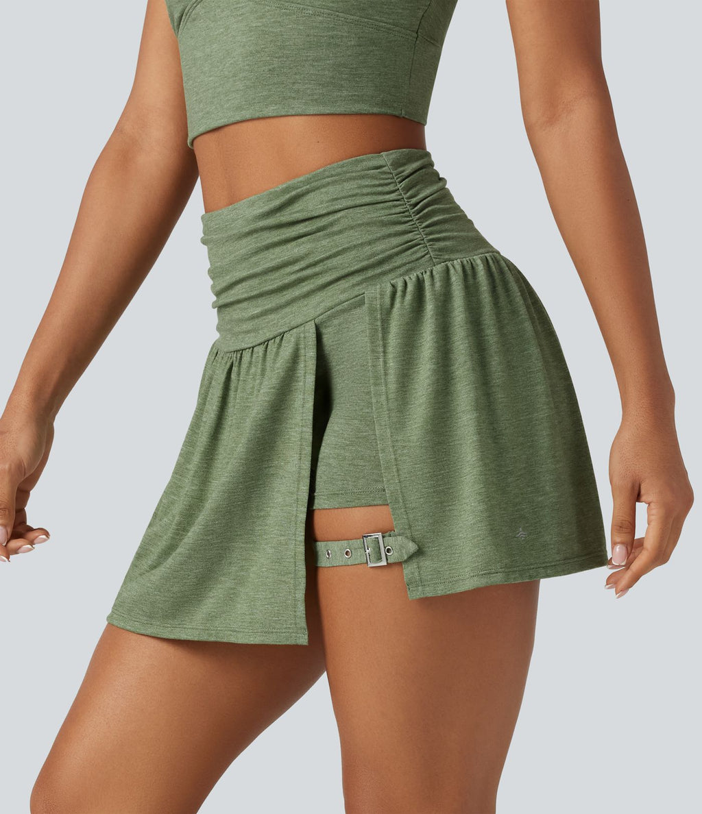 Jupe mini trapèze de sport 2-en-1 taille haute froncée avec poche latérale