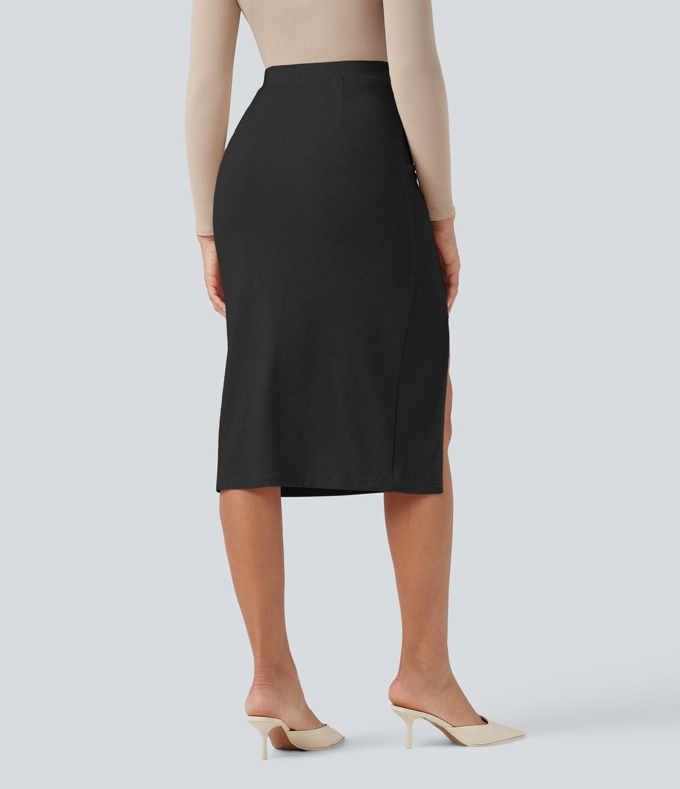 Jupe mi-longue moulante fendue taille haute