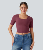 Haut de sport yoga OneForm sans couture Flow col rond échancré manches courtes