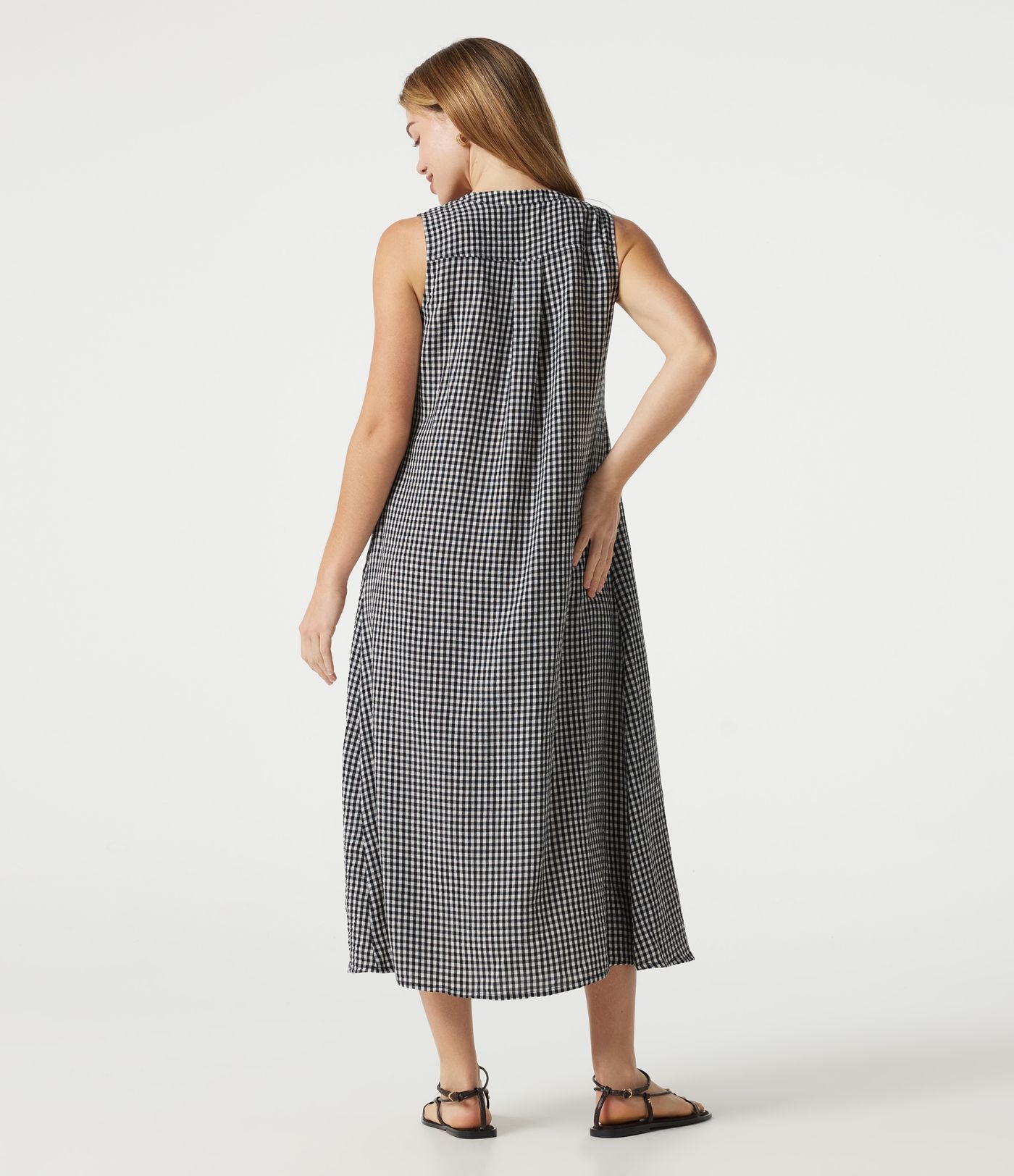 Robe casual midi à carreaux toucher lin col rond sans manches à poches