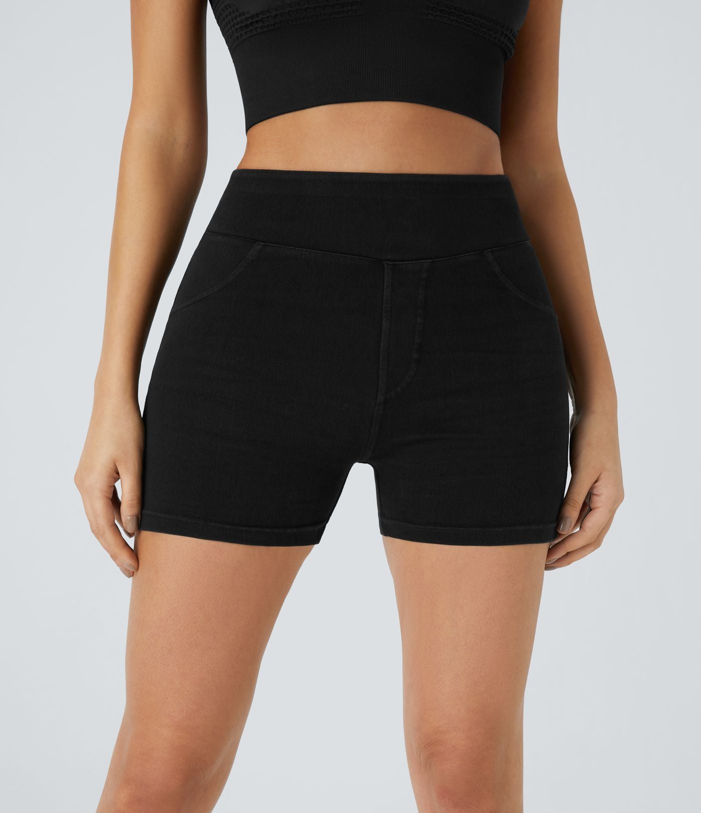 Halara Flex™ Shorts 7,5cm Casual en Denim Tricot Extensible Taille Haute Avec Poches Latérales Arrière