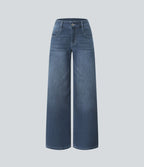 Halara Flex™ Jean Large Casual Taille Basse avec Boutons Zip Multiples Poches Lavés Élastiques et Tricotés