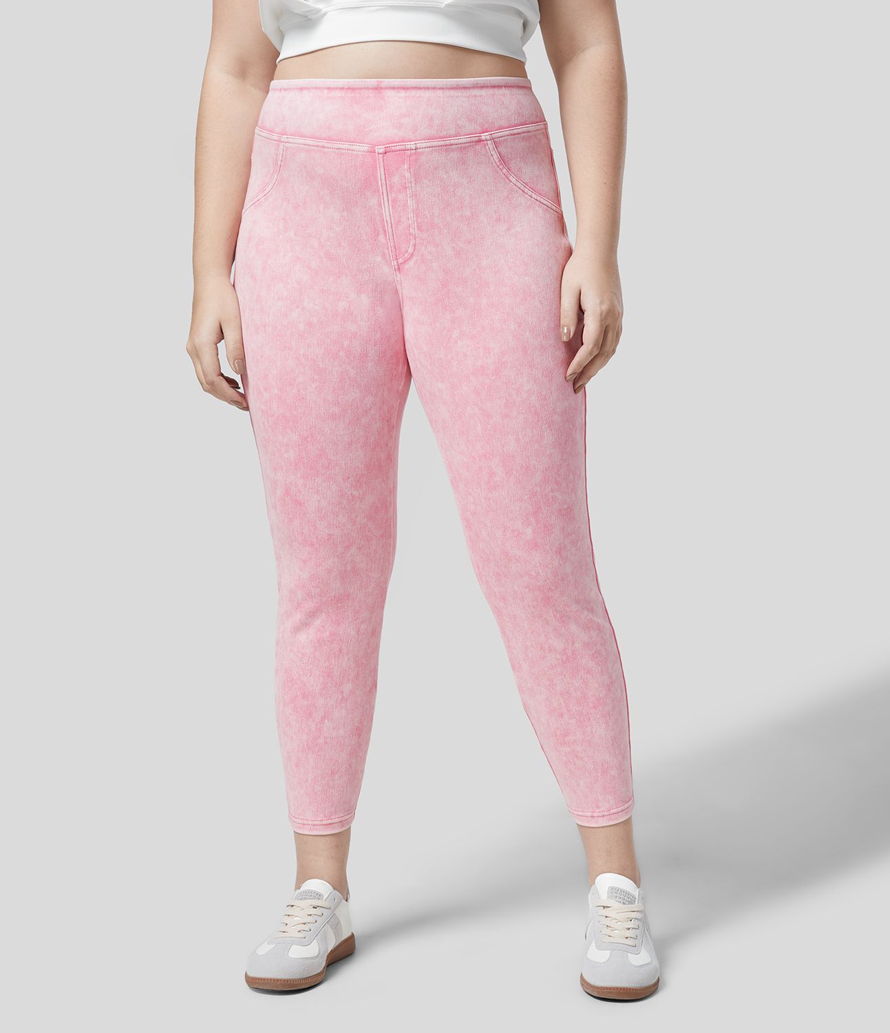 Halara Flex™ Legging Casual 7/8 Grande Taille en Denim Tricot Extensible Coloré à Taille Haute avec Poches Latérales Arrière