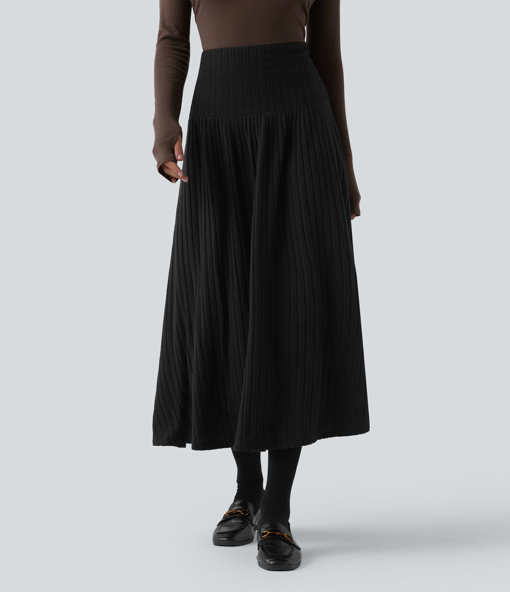 Jupe tailleur midi trapèze taille haute en maille côtelée