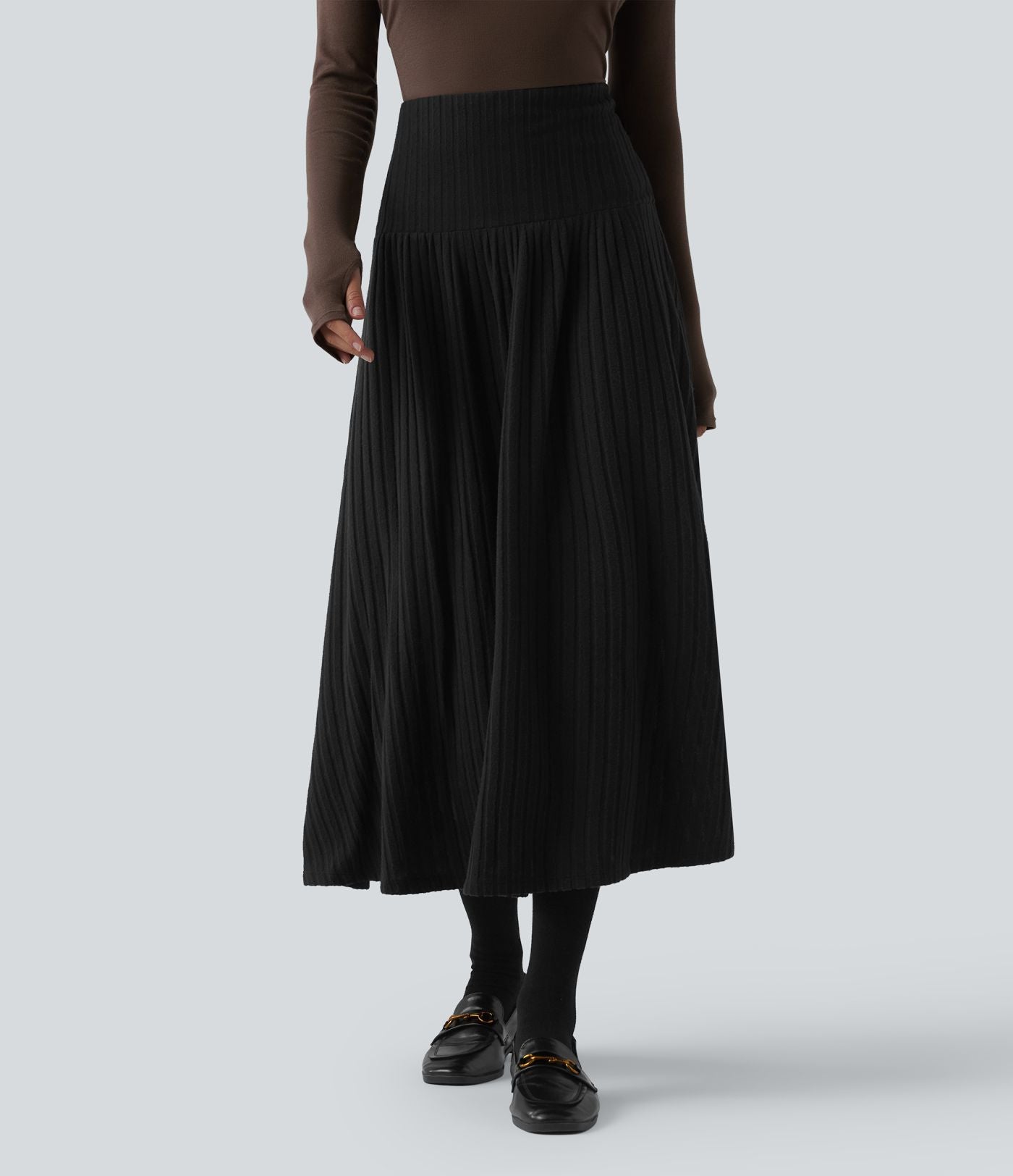 Jupe tailleur midi trapèze taille haute en maille côtelée