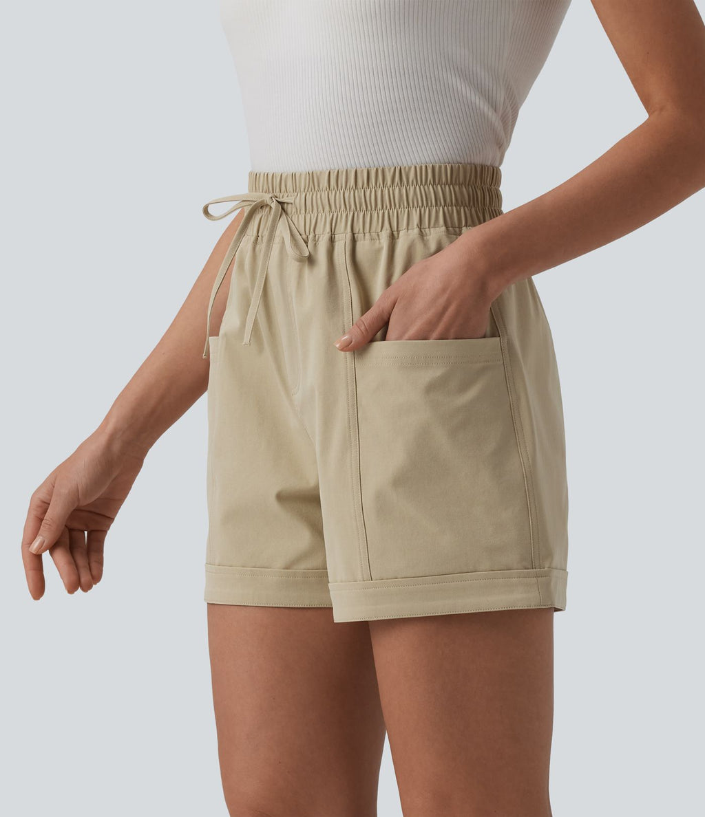 Short casual ample taille mi-haute en popeline extensible à cordon de serrage avec poches