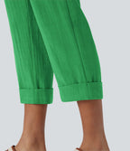 Pantalon capri effet lin taille haute avec poches zippées