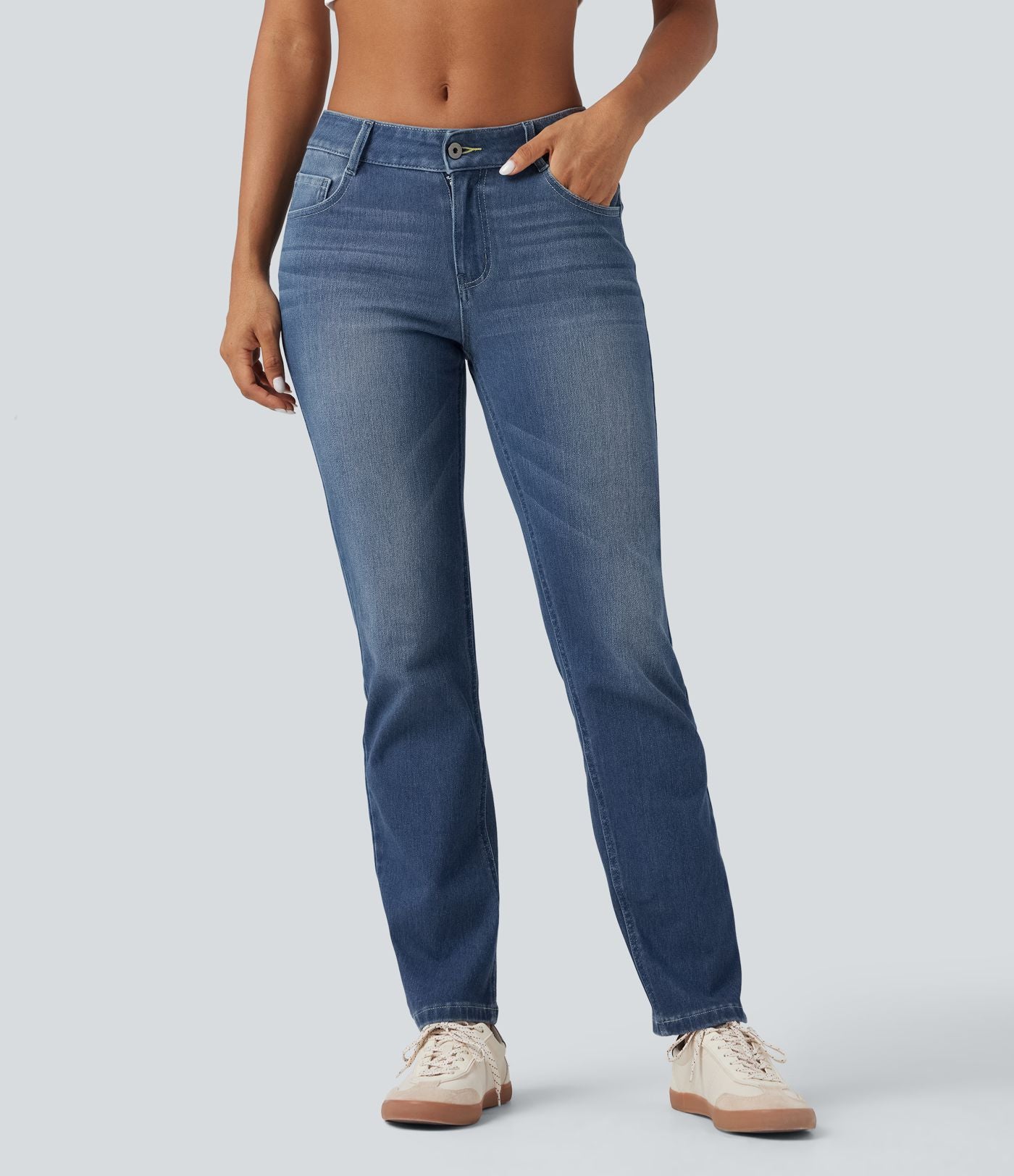 Jean décontracté Halara Flex™ taille basse à jambes droites avec bouton, fermeture éclair, multiples poches, effet délavé en maille extensible