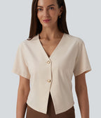 Blouse de travail col V manches courtes aspect lin