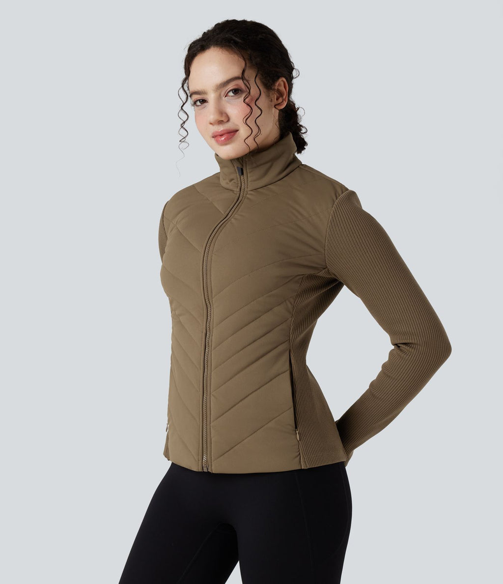 Veste matelassée décontractée à col montant et coupe ajustée, côtelée et contrastée, avec poches
