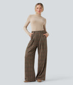 Pantalon taille haute décontracté large à carreaux, avec poches