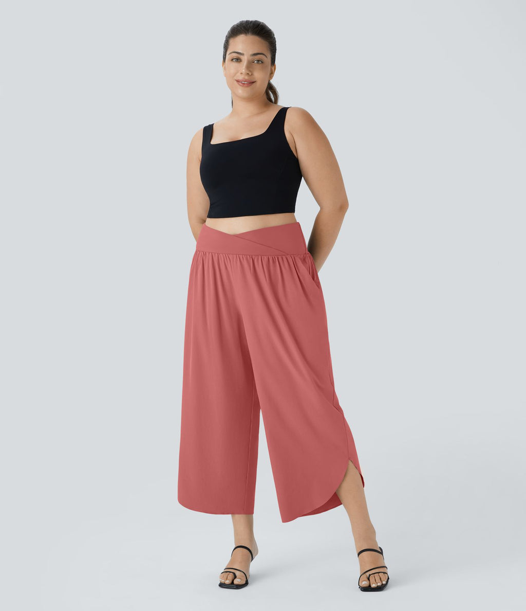 Breezeful™ Pantalon de Vacances Grande Taille Taille Haute avec Découpe Croisée Plissé Poche Latérale Fente et Séchage Rapide
