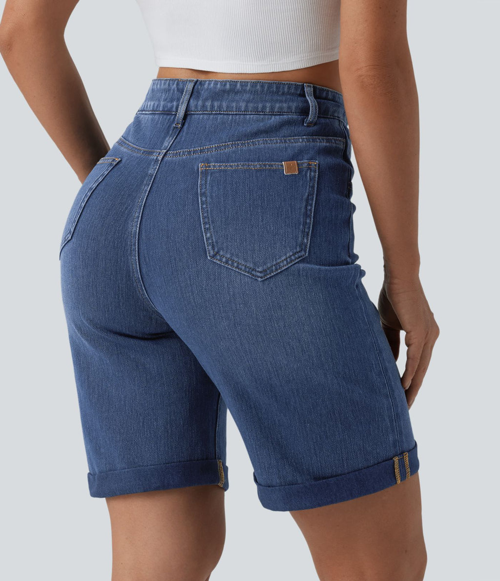 Short en jean Halara Flex™ taille haute gainant délavé à ourlet roulotté décontracté avec poches